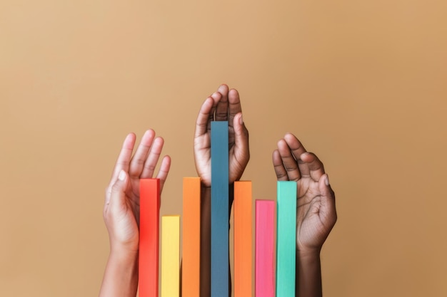 Hands Reaching for Colorful Bars Symbol of Unity Growth and Diversity