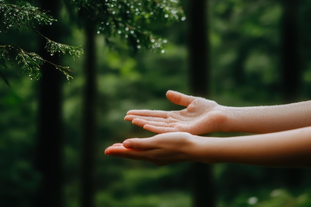 Photo hands reaching out to collect drops of water in a lush forest environment during a gentle rain