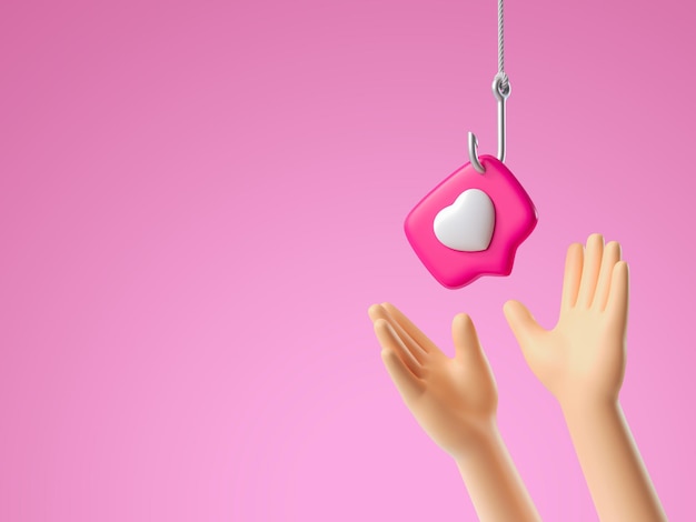 Hands reaching for a pin like with a heart on a hook 3d render