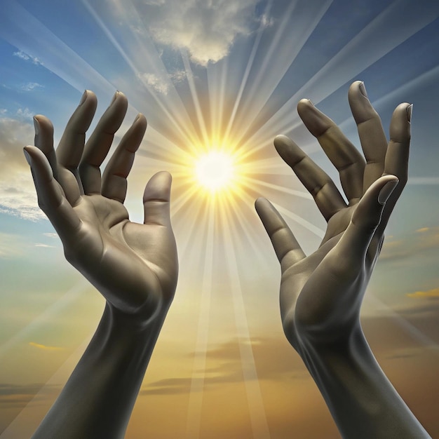 hands reaching for the sky with sun and clouds