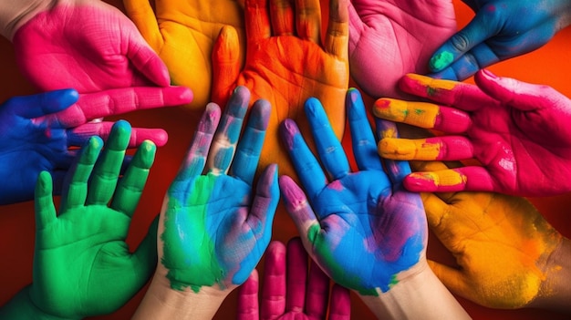 Hands reaching up to the sky with the colors of the rainbow.