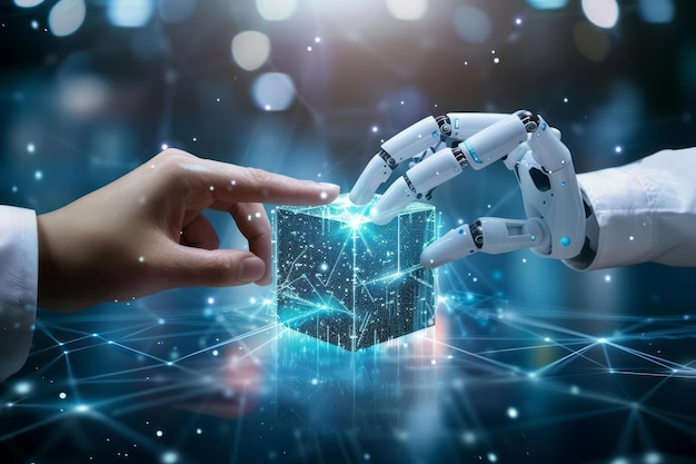 Hands of robot and human data exchange on abstract cube network connection business and artificial intelligence technology