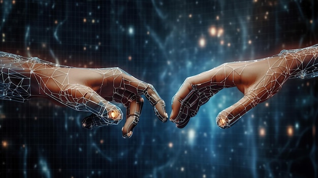 Hands of robot and human touching on big data network connection background Generative AI