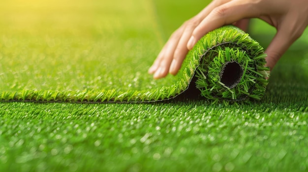 Photo hands rolling out artificial grass on a sunny day showcasing landscaping and outdoor design concepts