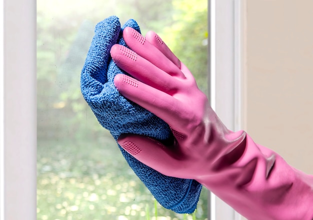 Hands in rubber gloves and micro fiber cloth cleaning window glass