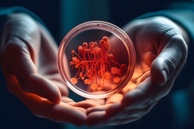 The hands of a scientist holding a petri dish are captured in a macro photo Generative AI