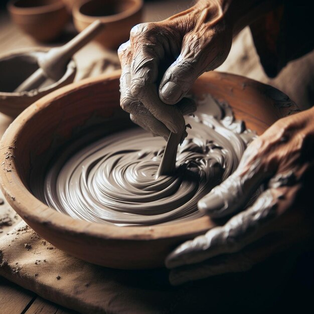 Photo hands sculpting clay into a container