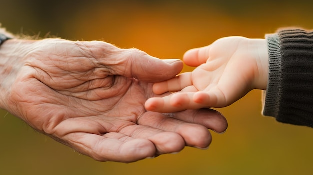 Hands of senior person and little baby close up