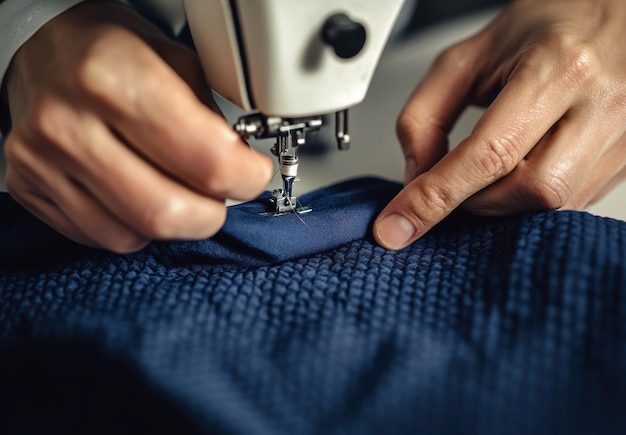 Photo hands sewing fabric on an industrial machine with focus on the needle and thread being used