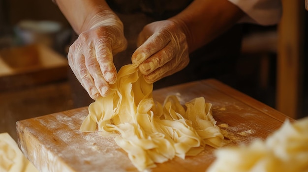 Hands Shaping Long Thin and Delicate Pasta Noodles