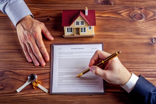 Photo hands signing a house or apartment contract for real estate deal