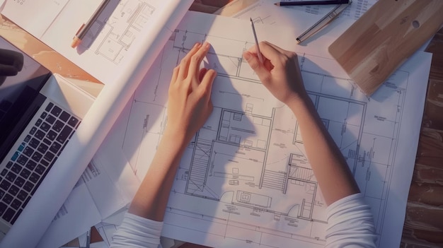 Hands sketching on architectural blueprints surrounded by a laptop and drafting tools represent creativity and precision in design