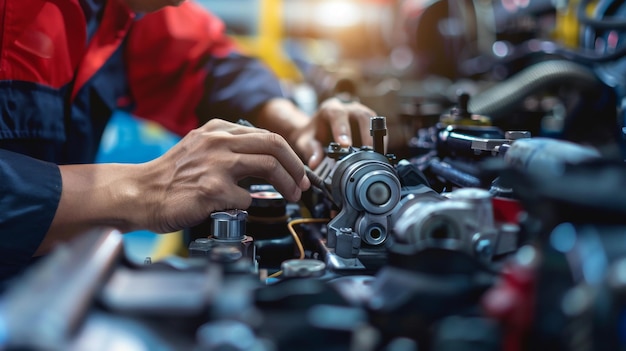 Hands of a skilled worker meticulously adjusting a part within a machinery depicting intense focus and precision in industrial maintenance