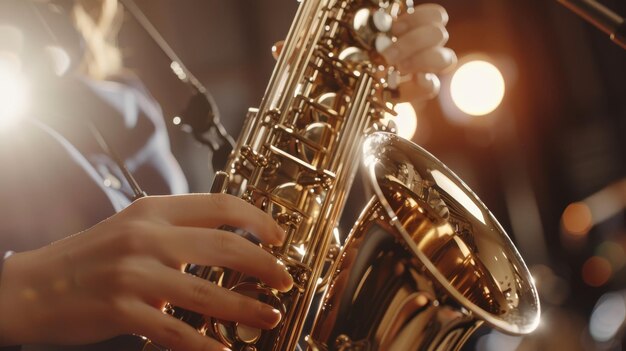 Hands skillfully play a shiny saxophone under the warm stage lights capturing the essence of passionate musical performance