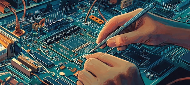 Photo hands soldering circuit board in hightech workshop for electronics and engineering projects