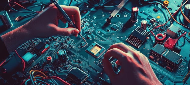 Photo hands soldering circuit board in hightech workshop for electronics and engineering projects