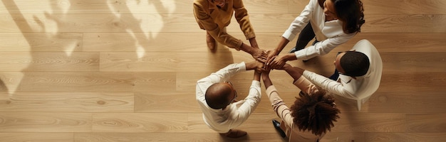 Hands stacked together top view of the united business team