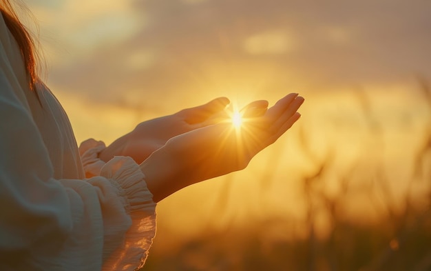 Photo hands in the sun with wheat field and wheat in the background