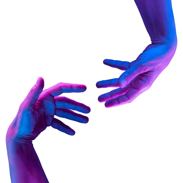 Hands in a surreal style in violet blue neon colors. Modern psychedelic creative element with human palm for posters, banners, wallpaper. Copy space. Magazine style template. Isolated on white.