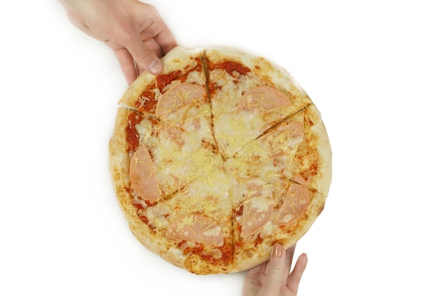 Hands take a pizza with ham and cheese Isolated