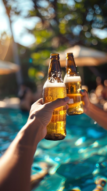 Hands toasting with beer bottles on a summer day by the pool Generative AI