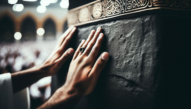 Photo hands touching the kaaba a moment of reverence and spiritual connection