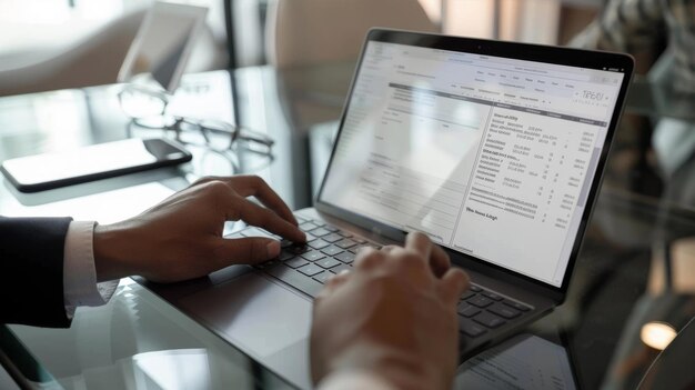 Photo hands type on a laptop with a smartphone and eyeglasses on the desk