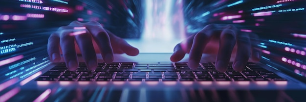 Photo hands typing code on a laptop in a colorful techinspired office space coding lines displayed on the screen emphasize the focus on software development