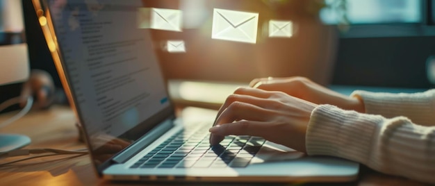 Photo hands typing on a laptop keyboard with floating email icons illustrating a modern workspace and digital communication concept