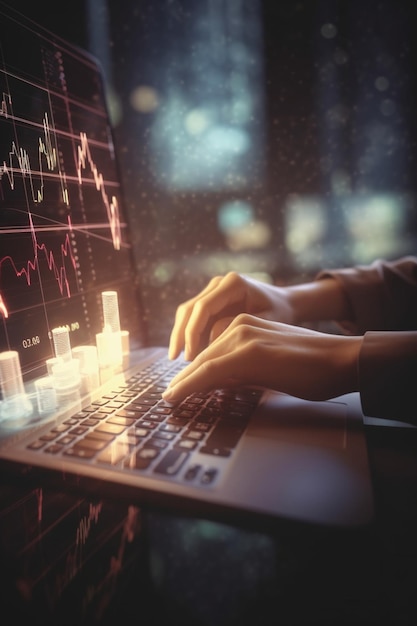 Hands typing on a laptop with a graph showing the word stock exchange.