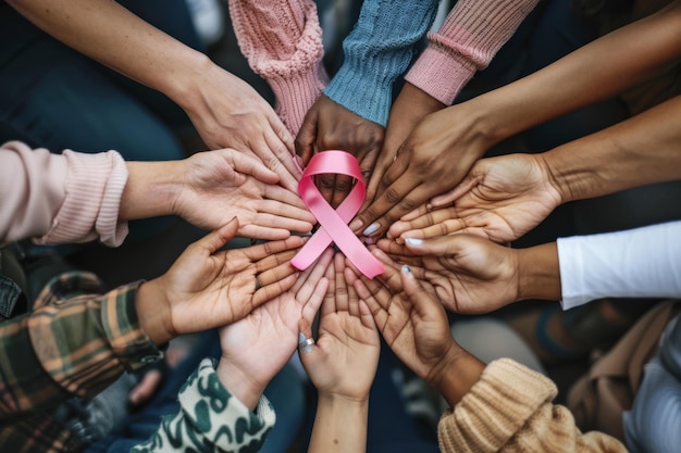 Photo hands united in support of breast cancer awareness