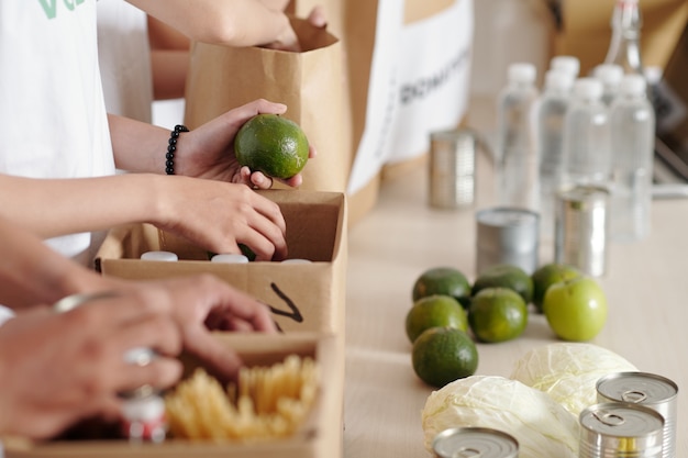 Photo hands of volunteers putting fresh groceries in boxes for refugees or people in need