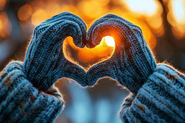 Photo hands in warm gloves form a heart shape against a glowing sunset in a winter landscape