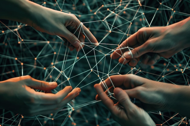 Photo hands weaving strings together forming an intricate web metaphor of various connections between people