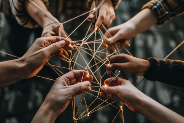 Photo hands weaving strings together forming an intricate web metaphor of various connections between people