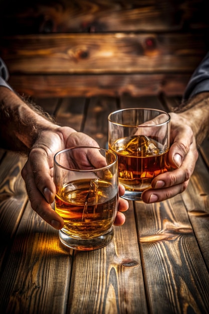 Hands of whisky bourbon in two glass on a grunge wooden background blank text