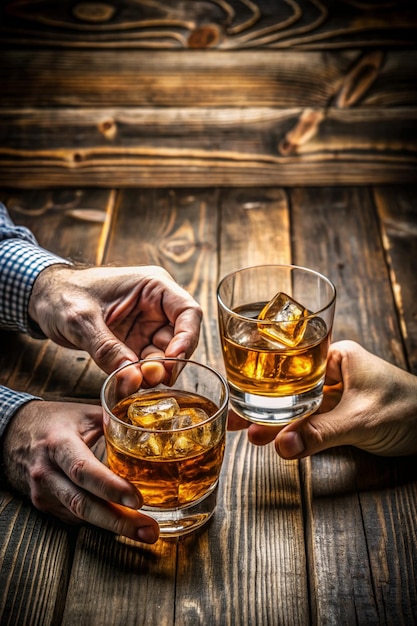 Hands of whisky bourbon in two glass on a grunge wooden background blank text