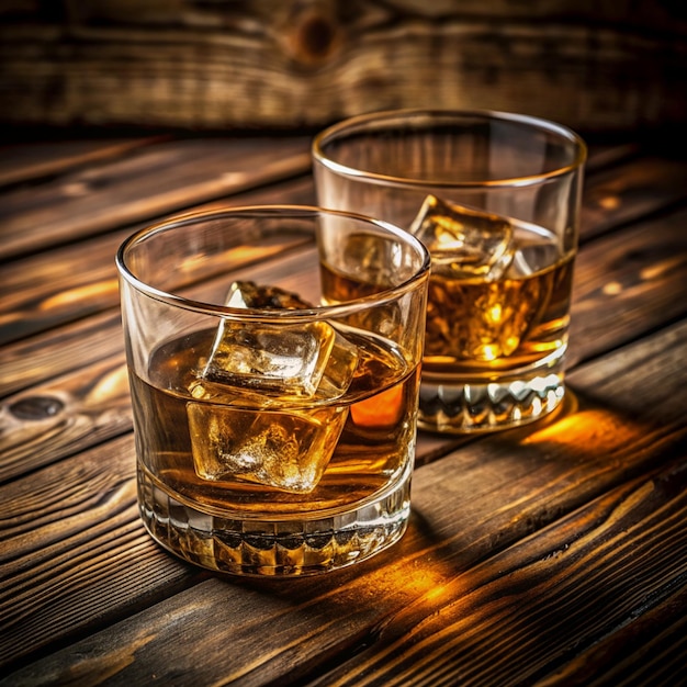 Hands of whisky bourbon in two glass on a grunge wooden background blank text