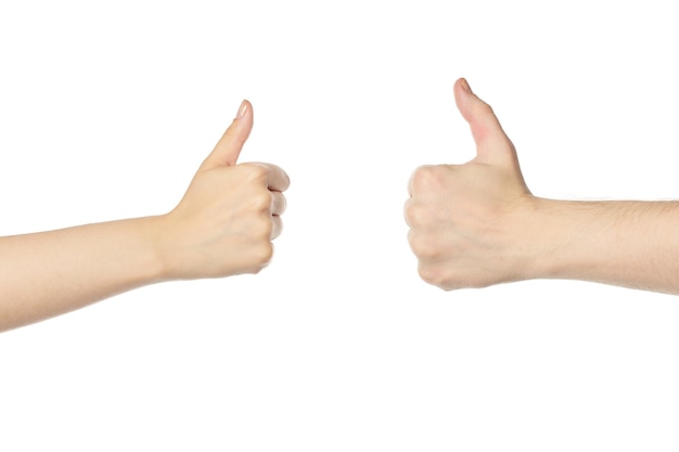 Hands with thumb up signal. Man and woman hands like symbol, isolated white background. Super gesture confirmation.