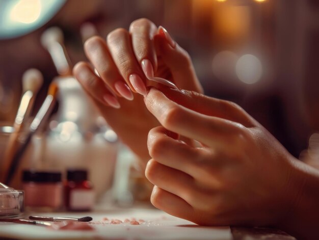 Photo hands with wellgroomed manicure and care products close up ai generated