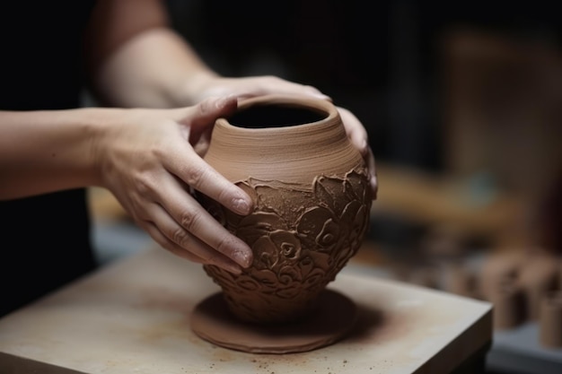 Hands of woman artist making elegant vase with creative pattern using mud