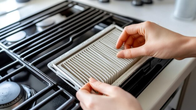 Photo the hands of a woman attempt to remove a cooker hood filter to clean it you should clean your filters every two to three months depending on how often you cook