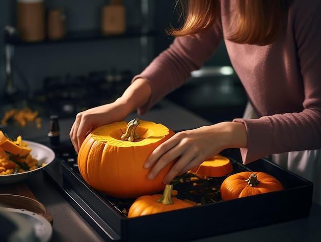 hands of woman dicing pumpkin for cooking generated ia