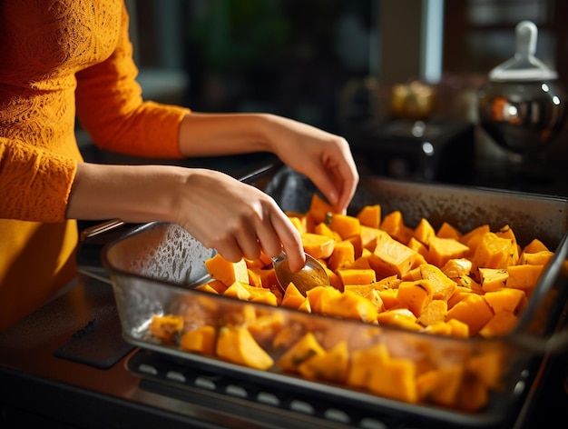 hands of woman dicing pumpkin for cooking generated ia