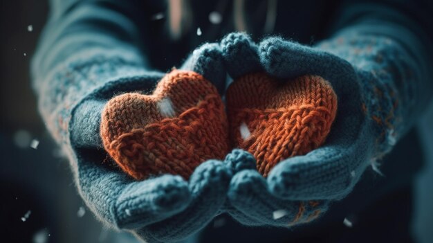 Hands of a woman holding knitted christmas balls in wintergenerative ai