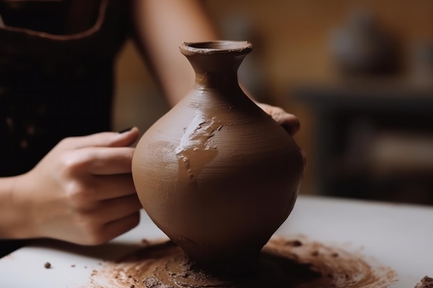 Hands of woman making brown vase from mud sitting at table in ceramic workshop