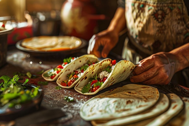 Hands of a woman preparing traditional mexican tacos in a rustic kitchen