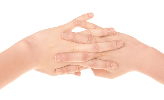 Hands of woman suffering from pain in joints on white background Concept of orthopedist attendance