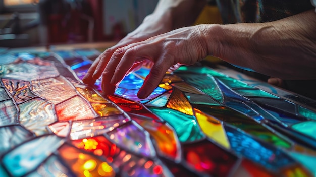 Photo hands working on a colorful stained glass artwork showcasing intricate designs and vibrant colors highlighting craftsmanship and creativity