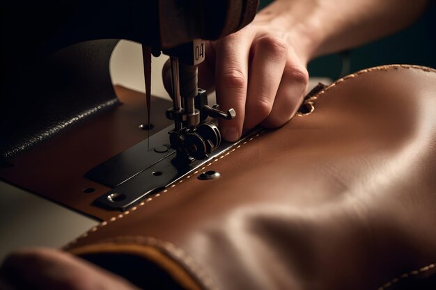 Hands working on the sewing machine with leather stitching Generative AI